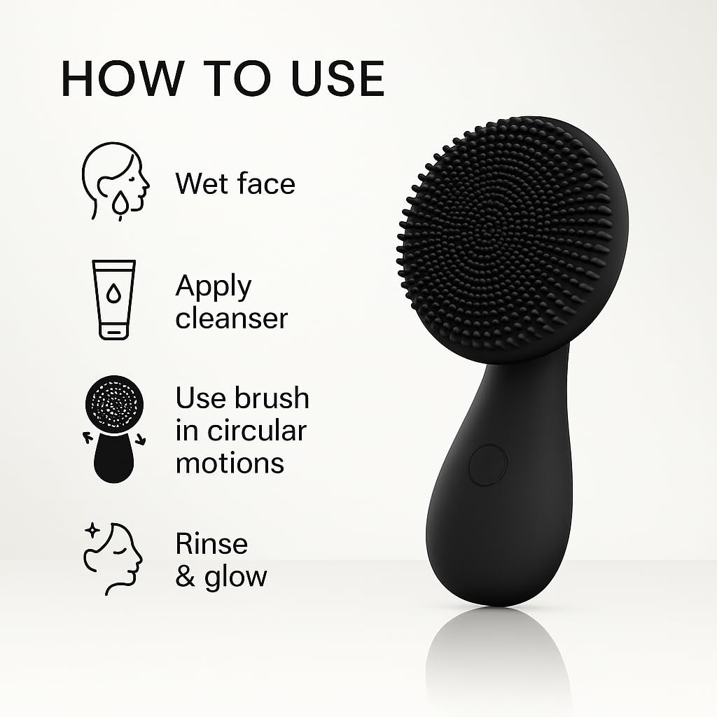 Tara Sonic Facial Cleansing Brush | Silicone Face Scrubber | Soft and Smooth Bristles Removes Dead Skin Cells and Makeup | for All Skin Types - Black