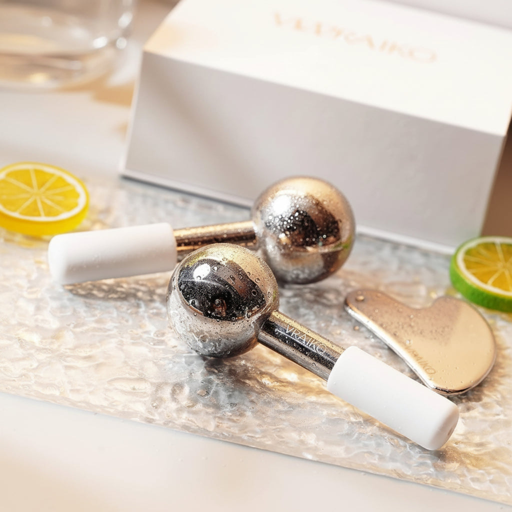 ICE Globes for Facials & Gua Sha Set, Gua Sha Facial Tools and Cryo Sticks with Unbreakable Steel, Face Massager Cooling Rollers for Dark Circles, Puffiness and Lymphatic Drainage (White)