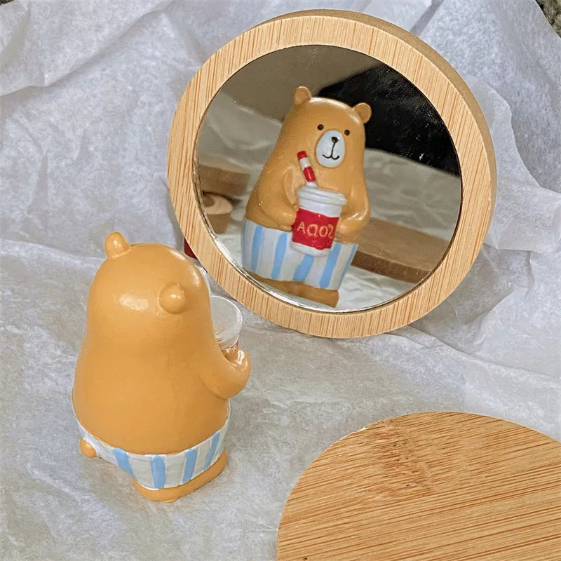 Mini Wooden Makeup Mirror Portable Small round Mirror Student Makeup Mirror Women Cosmetic Mirror Lady Travel Pocket Beauty Tool