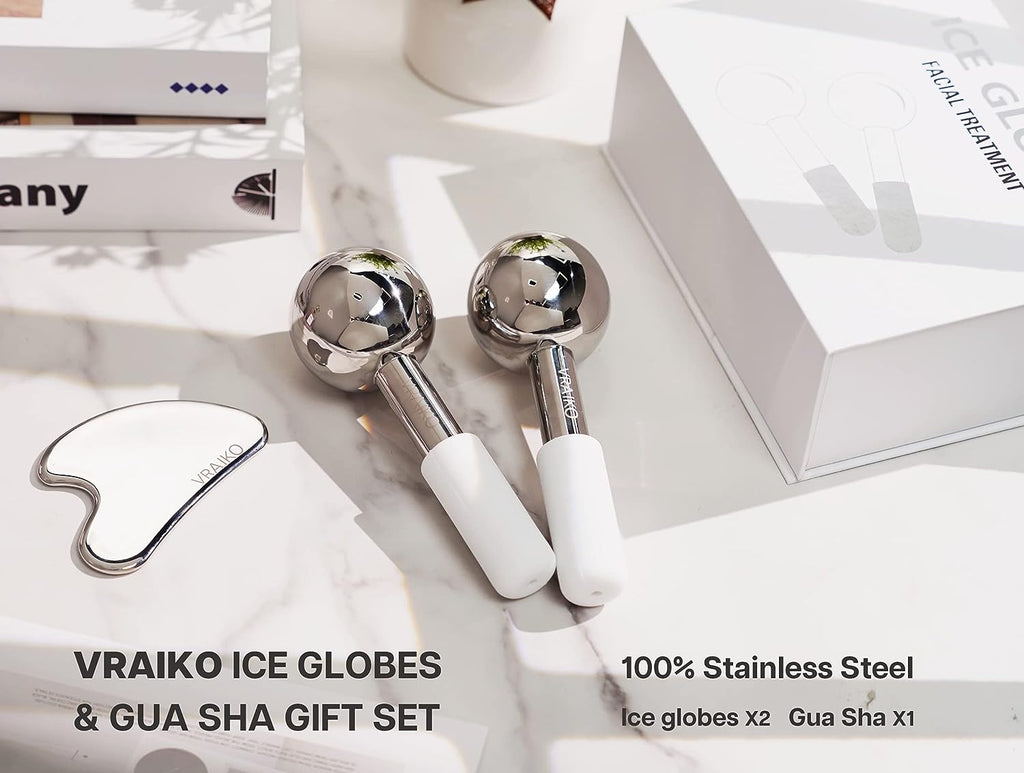 ICE Globes for Facials & Gua Sha Set, Gua Sha Facial Tools and Cryo Sticks with Unbreakable Steel, Face Massager Cooling Rollers for Dark Circles, Puffiness and Lymphatic Drainage (White)