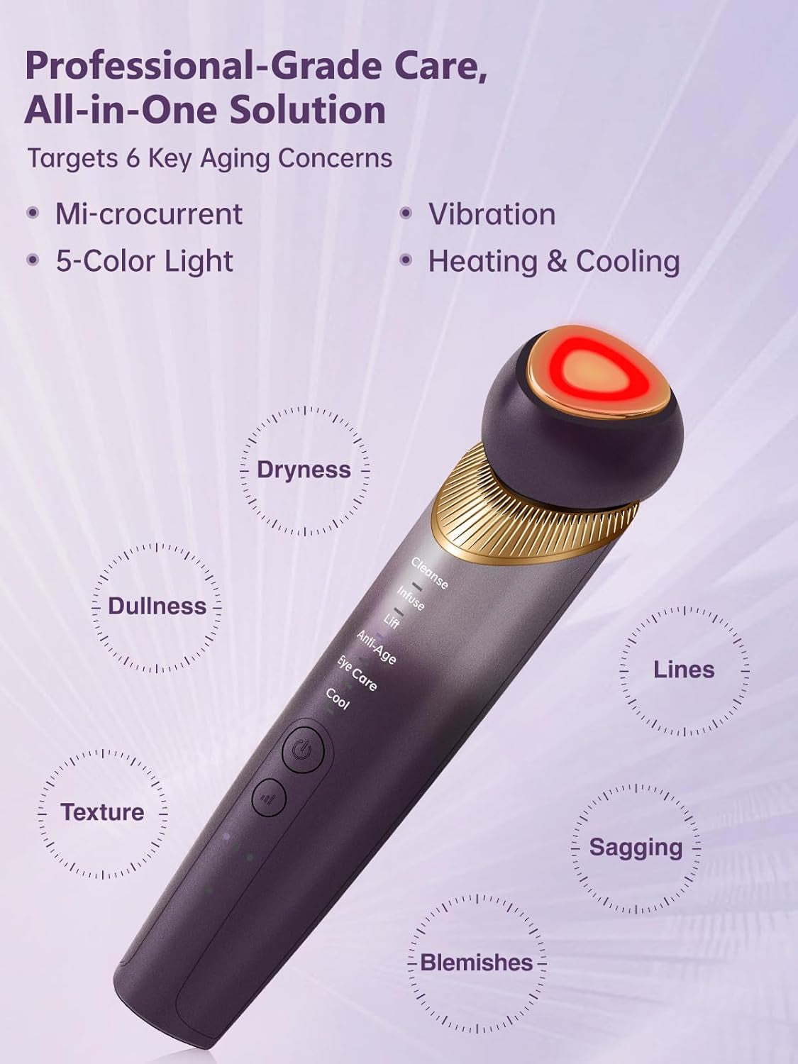 6-In-1 Age-Defying - Eye, Face & Neck Lift & Firm, 5-Color Light Therapy for Face with Microcurrent, Vibration, Heat & Cooling, Skin Care Tool for Youthful & Tightening Skin (Purple)