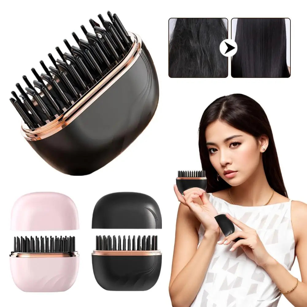 Mini Rechargeable Hair Straightener Brush: 3-Speed Temp Control, Anti-Scald Shell, Lightweight & Portable for Travel
