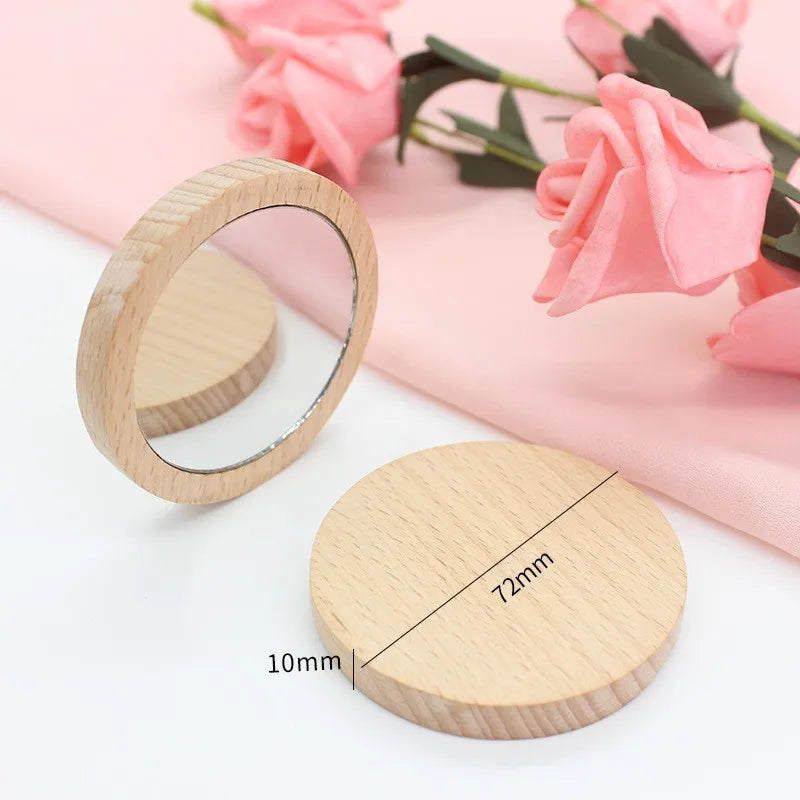 Mini Wooden Makeup Mirror Portable Small round Mirror Student Makeup Mirror Women Cosmetic Mirror Lady Travel Pocket Beauty Tool