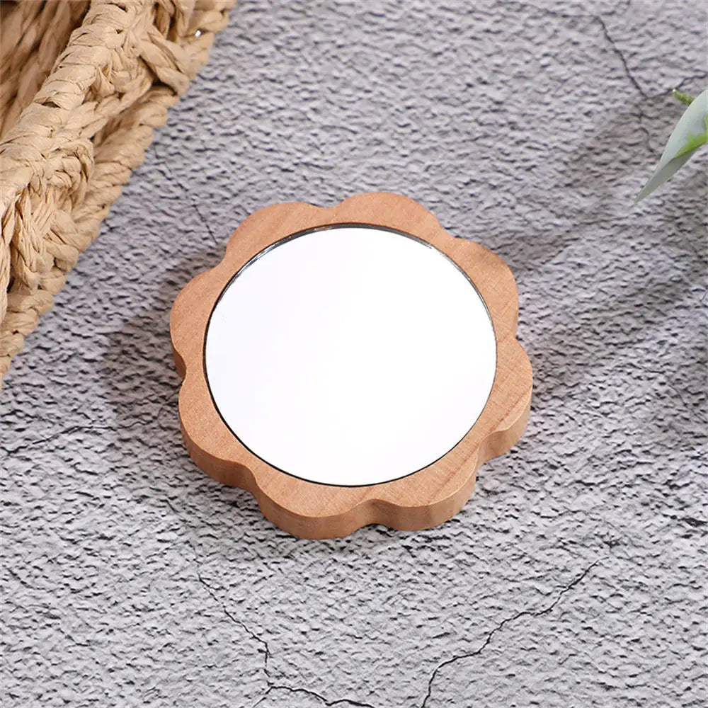 Mini Wooden Makeup Mirror Portable Small round Mirror Student Makeup Mirror Women Cosmetic Mirror Lady Travel Pocket Beauty Tool